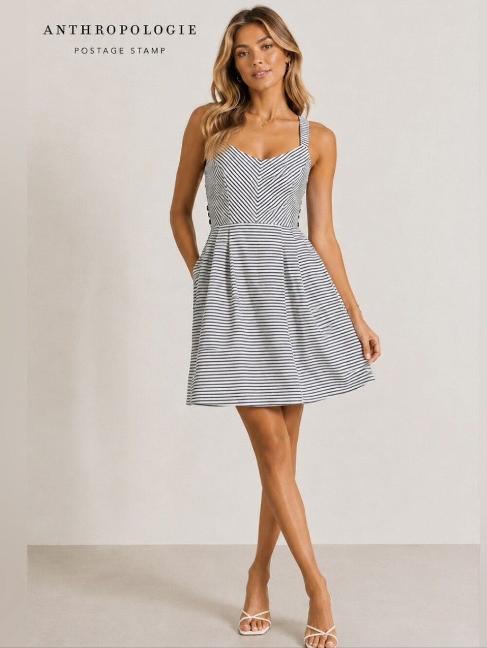 Anthropologie Black and White Striped Fit-and-Flare Mini Dress - Size Medium